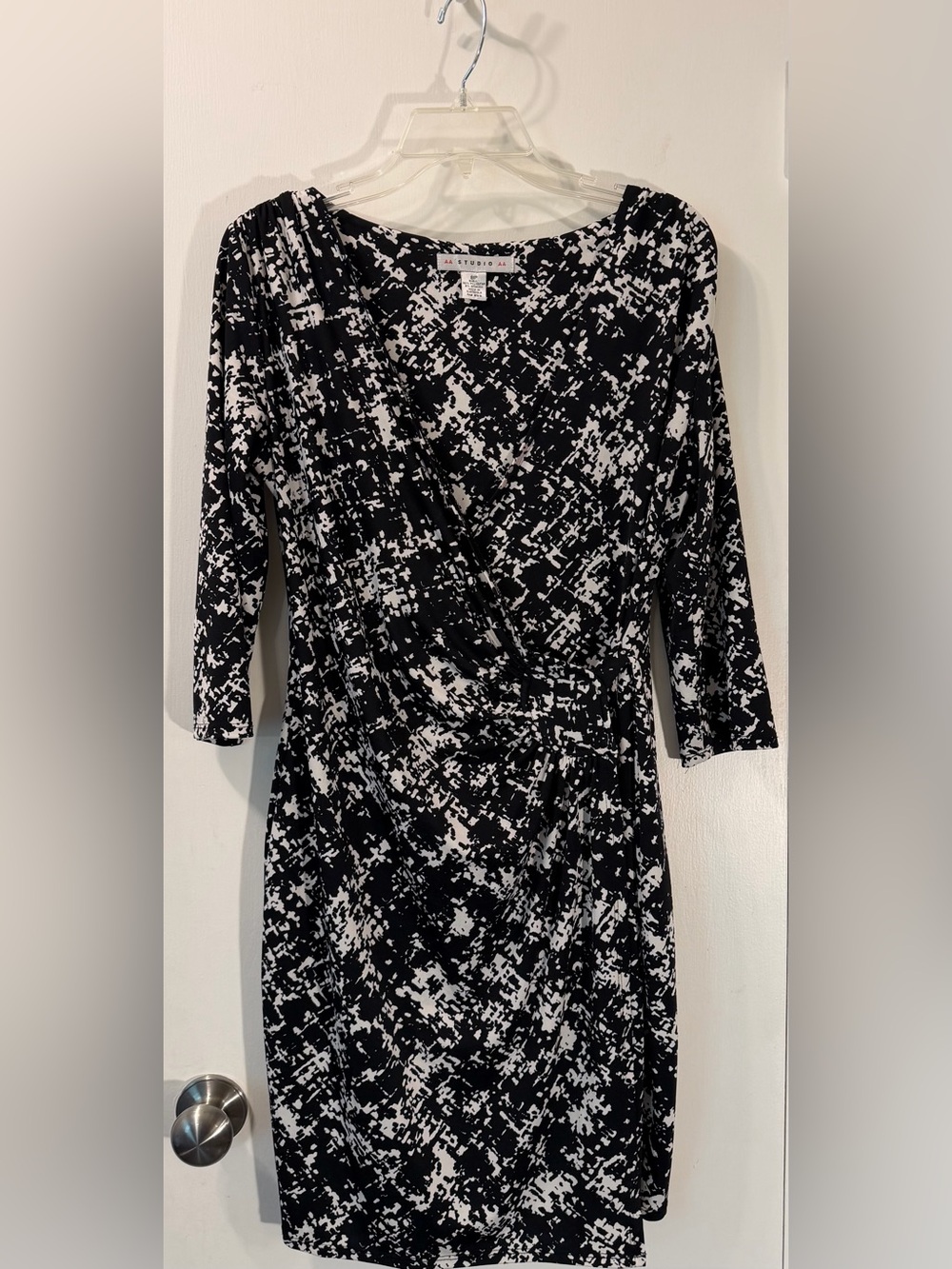 AA Studio Black and White Printed Faux-Wrap Midi Dress